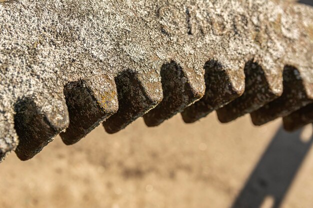 Primer plano de una rueda dentada antigua, oxidada y cubierta de musgo. Foto macro del mecanismo del engranaje de la rueda dentada del vintage.