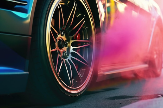 Foto primer plano de las ruedas de los coches de carreras de drag y el humo creado con ia generativa