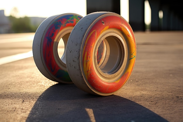 Foto un primer plano de unas ruedas de patineta en un pavimento de hormigón