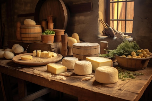 Un primer plano de las ruedas de queso recién hechas en una mesa de madera