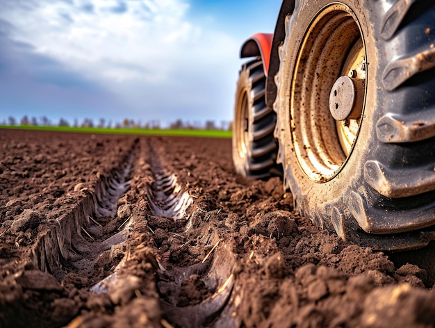 Primer plano de las ruedas del tractor en el campo arado