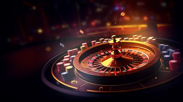un primer plano de una ruleta de casino con fichas y una rueda de casino ai generativa