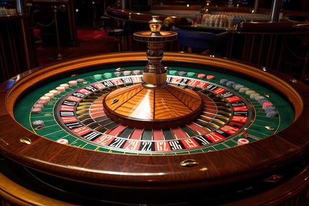 Primer plano de la ruleta del casino Rueda de la ruleta Adicción al juego Creado con IA generativa