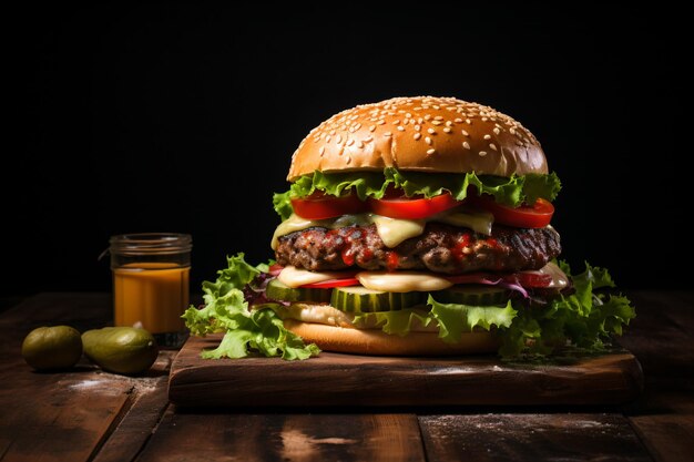 Un primer plano de una sabrosa hamburguesa casera en una mesa de madera