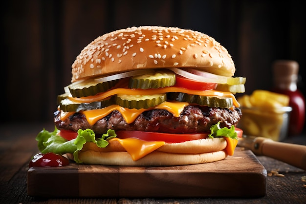 Un primer plano de una sabrosa hamburguesa casera en una mesa de madera