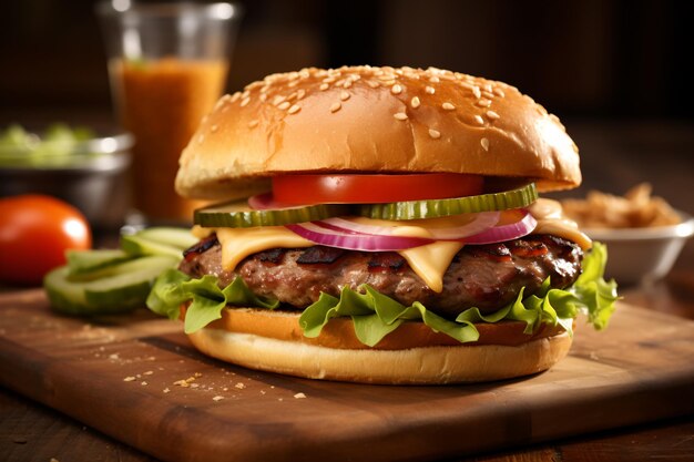 Un primer plano de una sabrosa hamburguesa casera en una mesa de madera