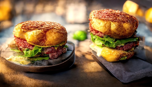 Primer plano de sabrosa hamburguesa de ternera casera y ensalada sobre fondo de madera rústica Comida rápida y comida chatarra