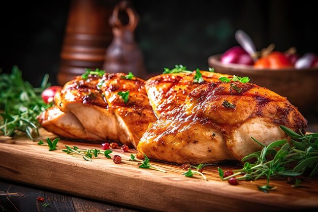 Primer plano de una sabrosa pechuga de pollo asada servida en una tabla de madera Pollo a la parrilla IA generativa