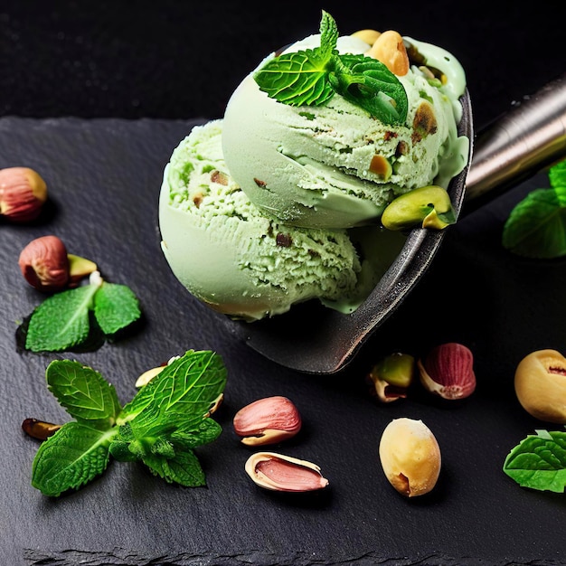 El primer plano de un sabroso helado de pistacho decorado con pistachos dispersos de menta se sirve cerca con una cuchara de metal en una pizarra sobre un fondo negro