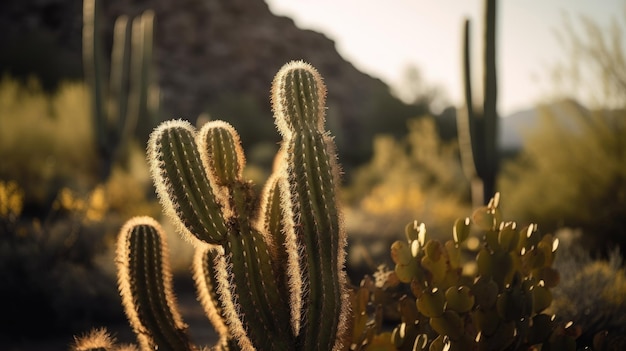 Primer plano de Saguaro Cactus en la tierra seca del desierto con tecnología de IA generativa