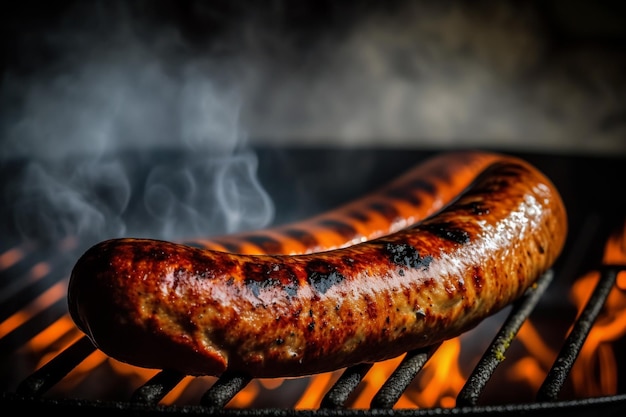 Primer plano de la salchicha ahumada y jugosa que exhala su tentador aroma Una delicia lista para ser saboreada Generado por IA