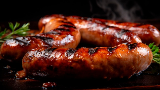 Primer plano de salchichas asadas fritas IA generativa