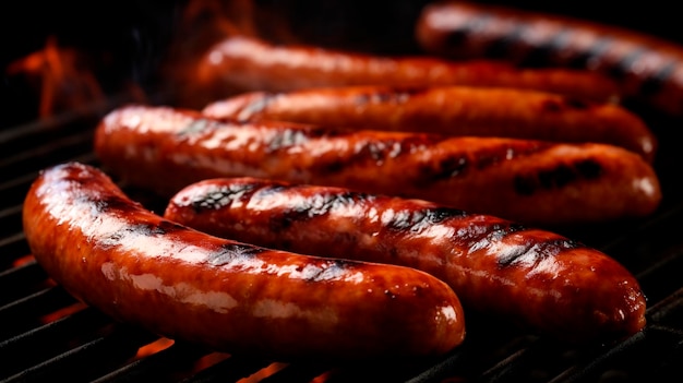 Primer plano de salchichas asadas fritas IA generativa