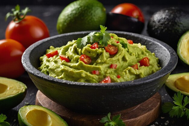 Un primer plano de una salsa de guacamole con ingredientes frescos