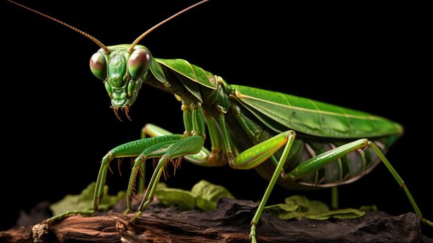 Un primer plano de un saltamontes en un fondo negro