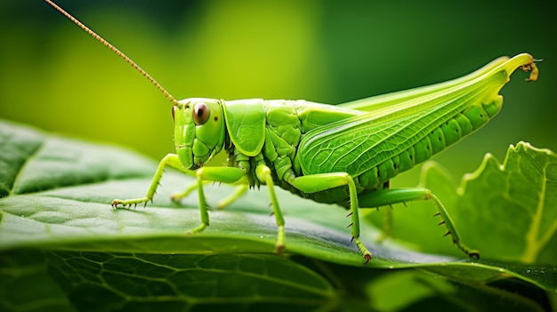 un primer plano de un saltamontes verde sobre una hoja