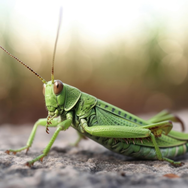 Primer plano de saltamontes verde en la superficie de la tierra