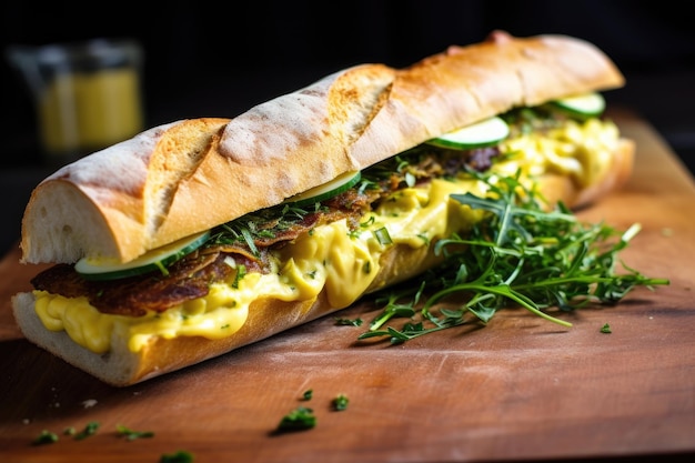 Foto primer plano de un sándwich de baguette con una generosa mostaza para untar