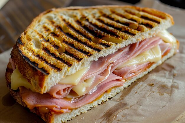 Foto un primer plano de un sándwich caliente de jamón y queso
