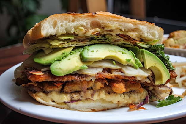 Primer plano de sándwich colombiano con capas de plátanos fritos y rodajas de aguacate