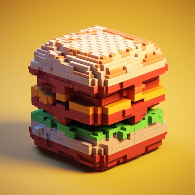 Un primer plano de un sándwich de lego con un fondo amarillo ai generativo
