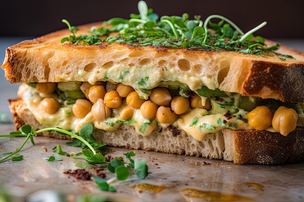 Primer plano de un sándwich con pan de masa fermentada, hummus, perejil fresco, garbanzos y aceite de oliva