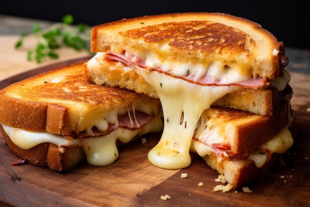 Un primer plano de un sándwich de queso asado sobre una tabla para cortar