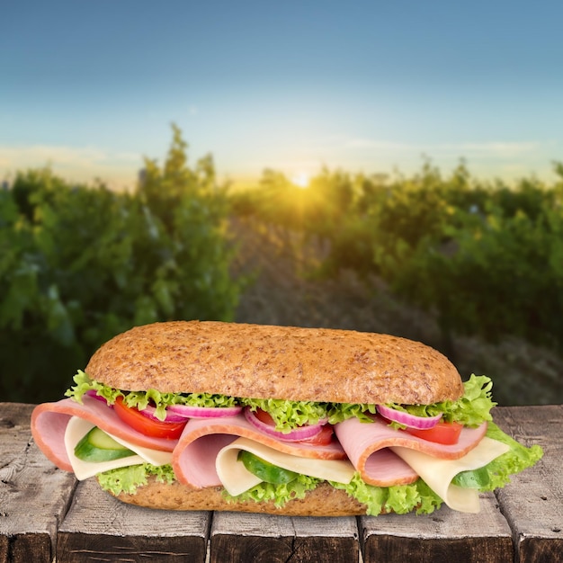 Primer plano de sándwich con tomates y queso sobre fondo de mesa de madera