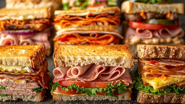 En primer plano Los sándwiches apilados muestran una variedad de ingredientes y sabores