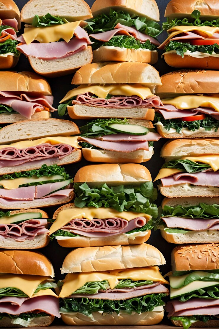 Primer plano de sándwiches gourmet con varios rellenos como queso con jamón y verduras dispuestos para un telón de fondo de temática alimentaria