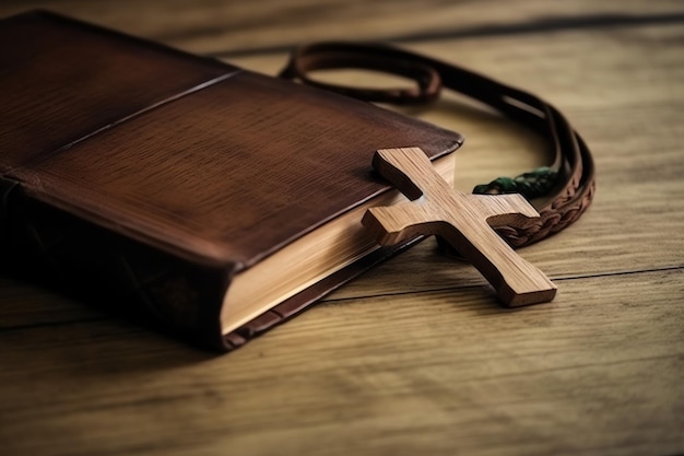 Foto primer plano de una santa biblia y una cruz cristiana en una mesa de madera feliz viernes santo o concepto de religión