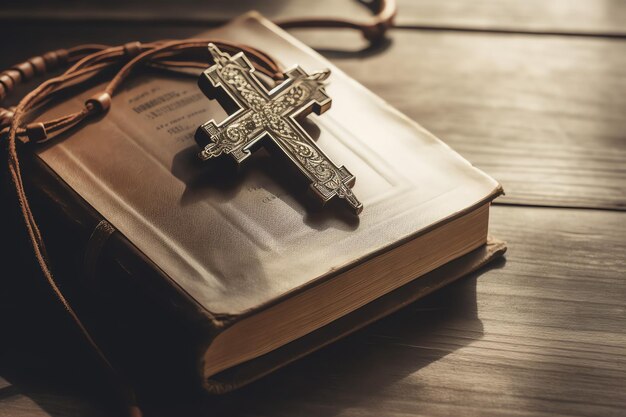 Foto primer plano de una santa biblia y una cruz cristiana en una mesa de madera feliz viernes santo o concepto de religión