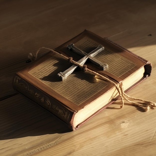 Primer plano de una santa Biblia y una cruz cristiana en una mesa de madera Feliz Viernes Santo o concepto de religión