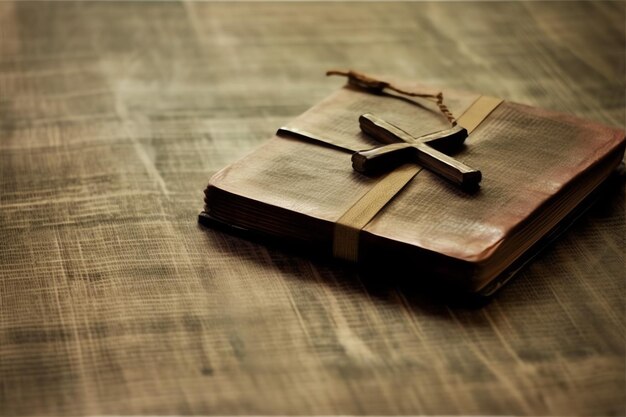 Foto primer plano de una santa biblia y una cruz cristiana en una mesa de madera feliz viernes santo o concepto de religión