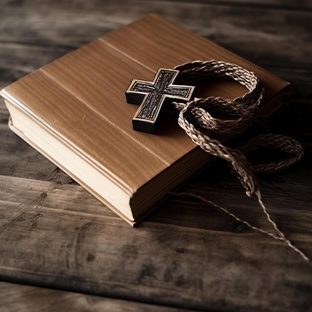 Primer plano de una santa Biblia y una cruz cristiana en una mesa de madera Feliz Viernes Santo o concepto de religión