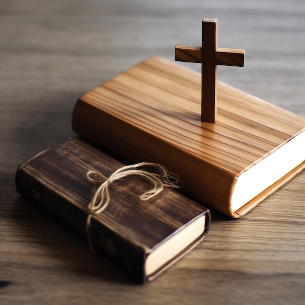 Foto primer plano de una santa biblia y una cruz cristiana en una mesa de madera feliz viernes santo o concepto de religión