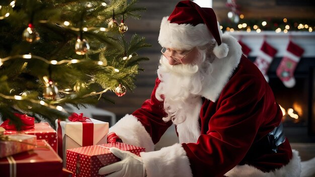 Foto en primer plano, santa claus está preparando los regalos.