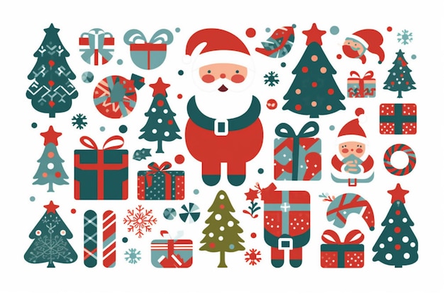 Un primer plano de un santa claus rodeado de árboles de navidad y regalos generativos ai