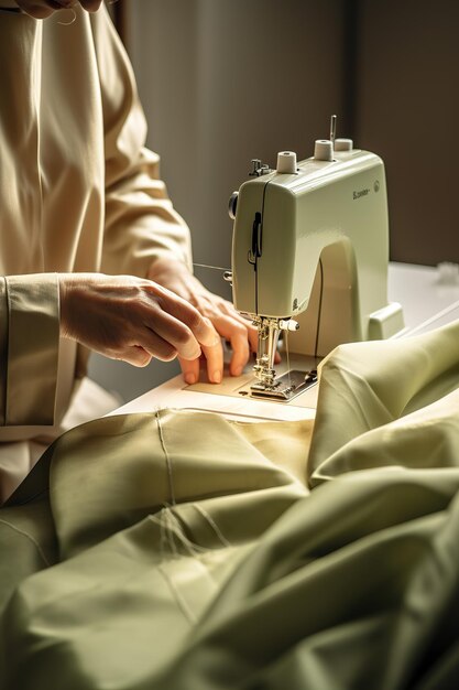 Primer plano de una sastre cosida en una máquina de coser