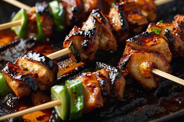 Un primer plano de Sate Ayam Skewers carbonizado