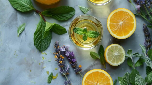 Un primer plano de una selección de aceites esenciales, incluido el árbol de té de lavanda y la bergamota, conocidos por su