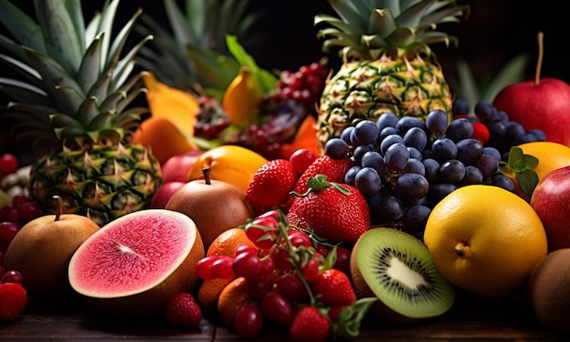 Foto primer plano de una selección de frutas exóticas en la mesa piña kiwi pera fresas