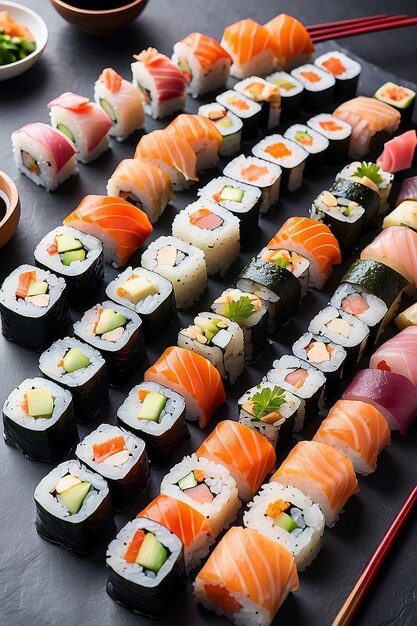 Foto primer plano de la selección de platos y palillos de sushi creados utilizando tecnología de ia generativa