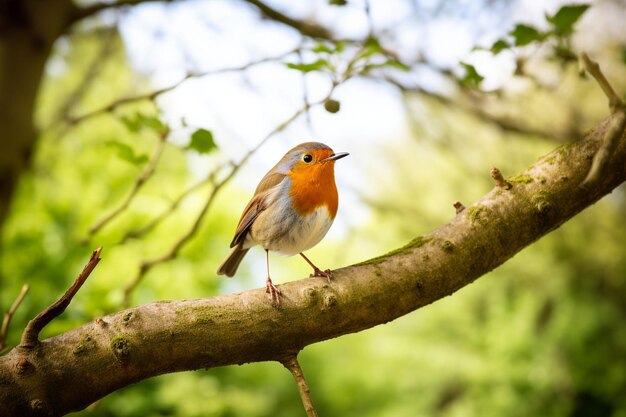 Un primer plano selectivo del pájaro petirrojo sentado en el tallo de un árbol