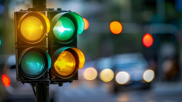 Primer plano de un semáforo que cambia de verde a amarillo señalando a los conductores que disminuyan la velocidad y se preparen para detenerse