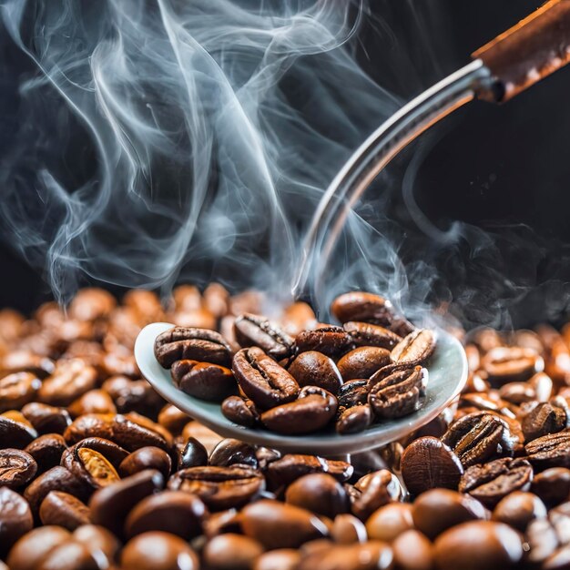 Primer plano de semillas de café Los granos de café fragantes son humo tostado que proviene de los granos de café