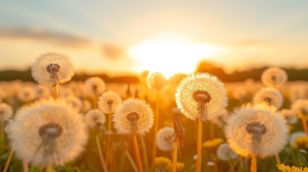 Un primer plano de las semillas de diente de león en un campo al atardecer