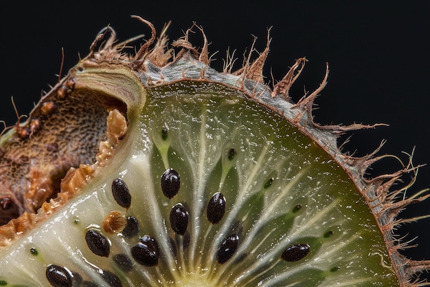 Un primer plano de las semillas de kiwi flotando en el agua