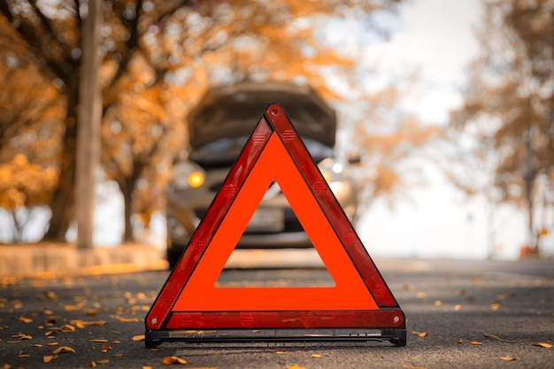Primer plano de una señal de advertencia en la carretera durante el otoño