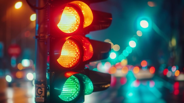 Un primer plano de una señal de tráfico con luces rojas y verdes vibrantes iluminadas que indican parar y ir para los vehículos